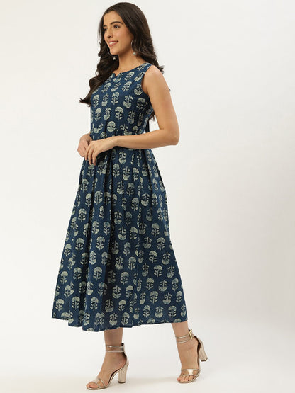 Women Indigo Blue Floral Printed V-Neck Cotton A-Line Dress | LASVINI - Redefining Indian Fashion with Elegance
