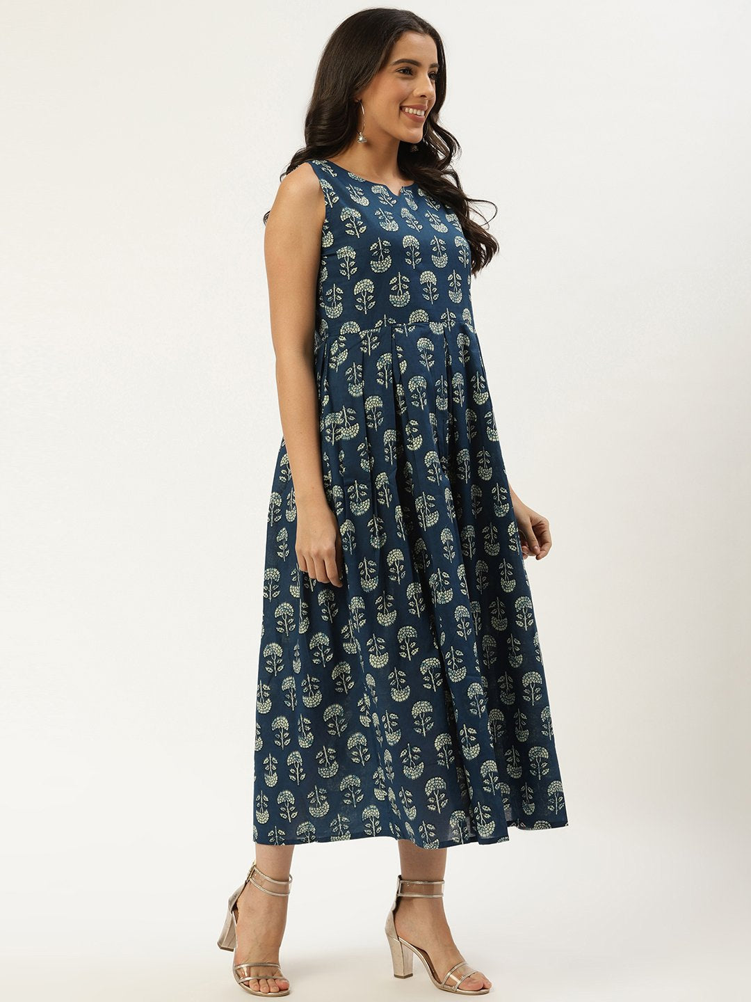 Women Indigo Blue Floral Printed V-Neck Cotton A-Line Dress | LASVINI - Redefining Indian Fashion with Elegance