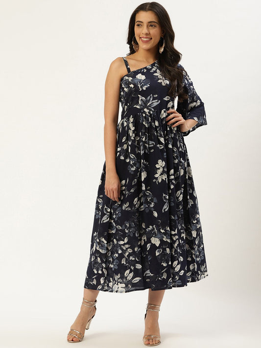 Women Indigo Blue Floral Printed One Shoulder Cotton A-Line Dress | LASVINI - Redefining Indian Fashion with Elegance