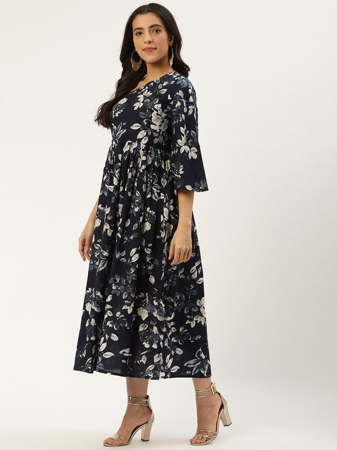 Women Indigo Blue Floral Printed One Shoulder Cotton A-Line Dress | LASVINI - Redefining Indian Fashion with Elegance