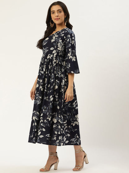 Women Indigo Blue Floral Printed One Shoulder Cotton A-Line Dress | LASVINI - Redefining Indian Fashion with Elegance