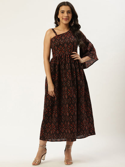 Women Black Ethnic Motifs Printed One Shoulder Cotton A-Line Dress | LASVINI - Redefining Indian Fashion with Elegance