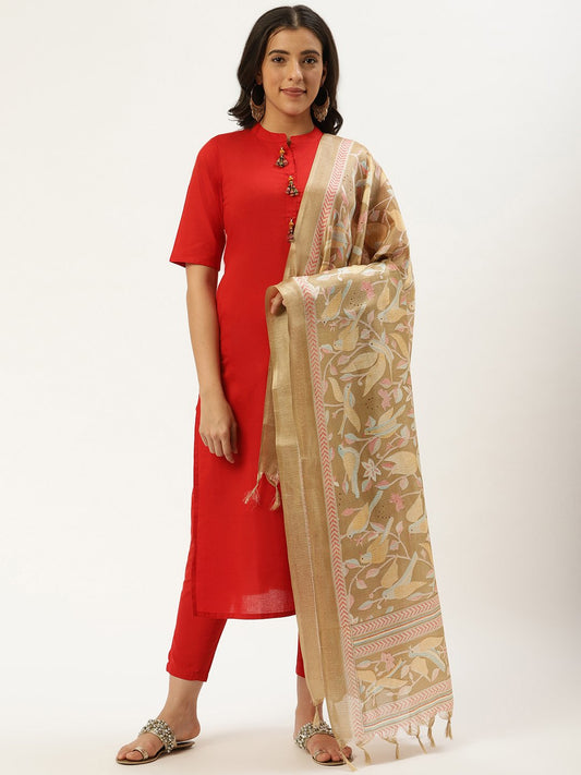 Women Red Three-Quarter Sleeves Straight Kurta And Trouser Pant Set | LASVINI - Redefining Indian Fashion with Elegance