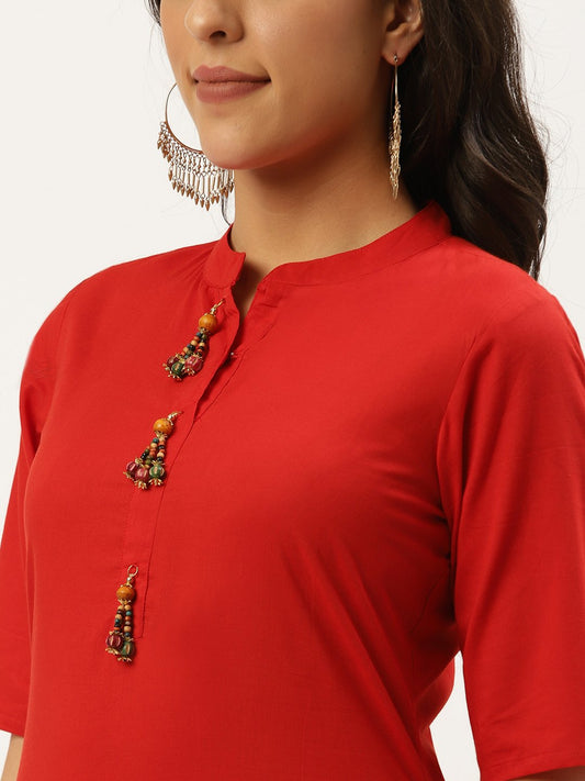 Women Red Three-Quarter Sleeves Straight Kurta And Trouser Pant Set | LASVINI - Redefining Indian Fashion with Elegance