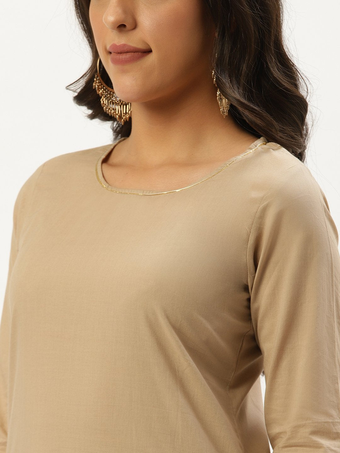 Women Beige Three-Quarter Sleeves Straight Kurta And Trouser Pant Set | LASVINI - Redefining Indian Fashion with Elegance