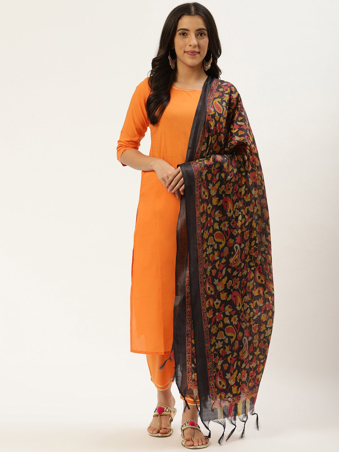 Women Rust Orange Three-Quarter Sleeves Straight Kurta And Trouser Pant Set | LASVINI - Redefining Indian Fashion with Elegance