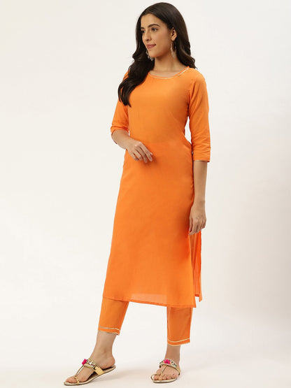 Women Rust Orange Three-Quarter Sleeves Straight Kurta And Trouser Pant Set | LASVINI - Redefining Indian Fashion with Elegance