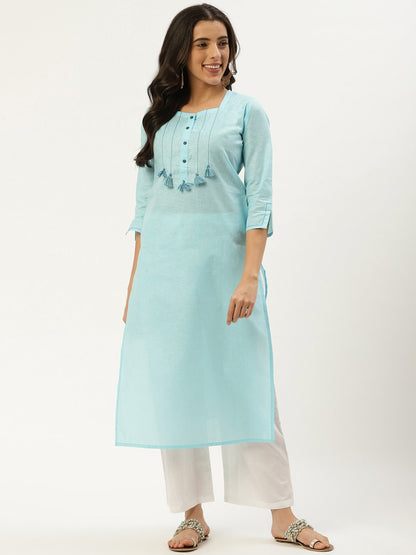 Women Light Blue Calf Length Three-Quarter Sleeves Straight Solid Cotton Kurta | LASVINI - Redefining Indian Fashion with Elegance