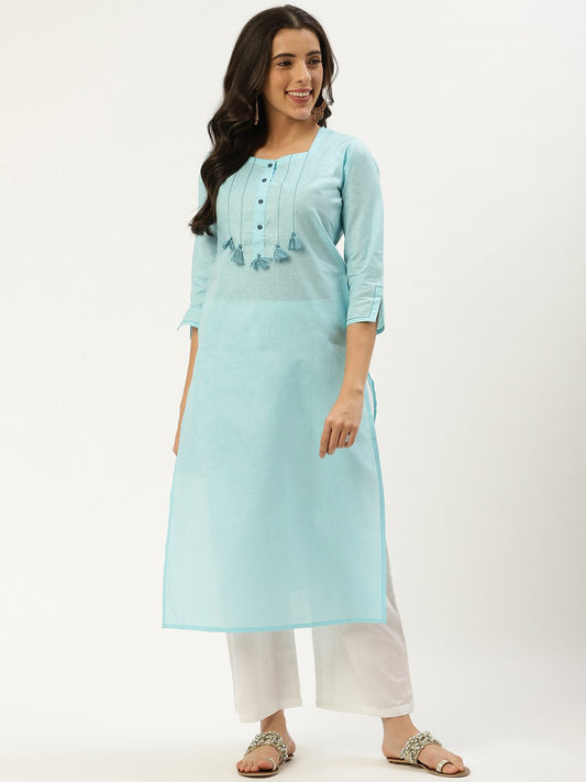 Women Light Blue Calf Length Three-Quarter Sleeves Straight Solid Cotton Kurta | LASVINI - Redefining Indian Fashion with Elegance