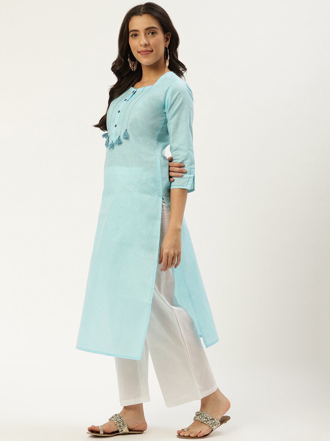 Women Light Blue Calf Length Three-Quarter Sleeves Straight Solid Cotton Kurta | LASVINI - Redefining Indian Fashion with Elegance