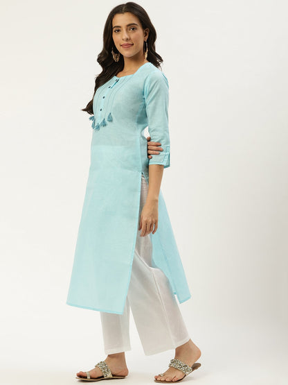 Women Light Blue Calf Length Three-Quarter Sleeves Straight Solid Cotton Kurta | LASVINI - Redefining Indian Fashion with Elegance