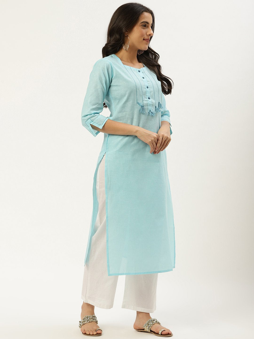 Women Light Blue Calf Length Three-Quarter Sleeves Straight Solid Cotton Kurta | LASVINI - Redefining Indian Fashion with Elegance