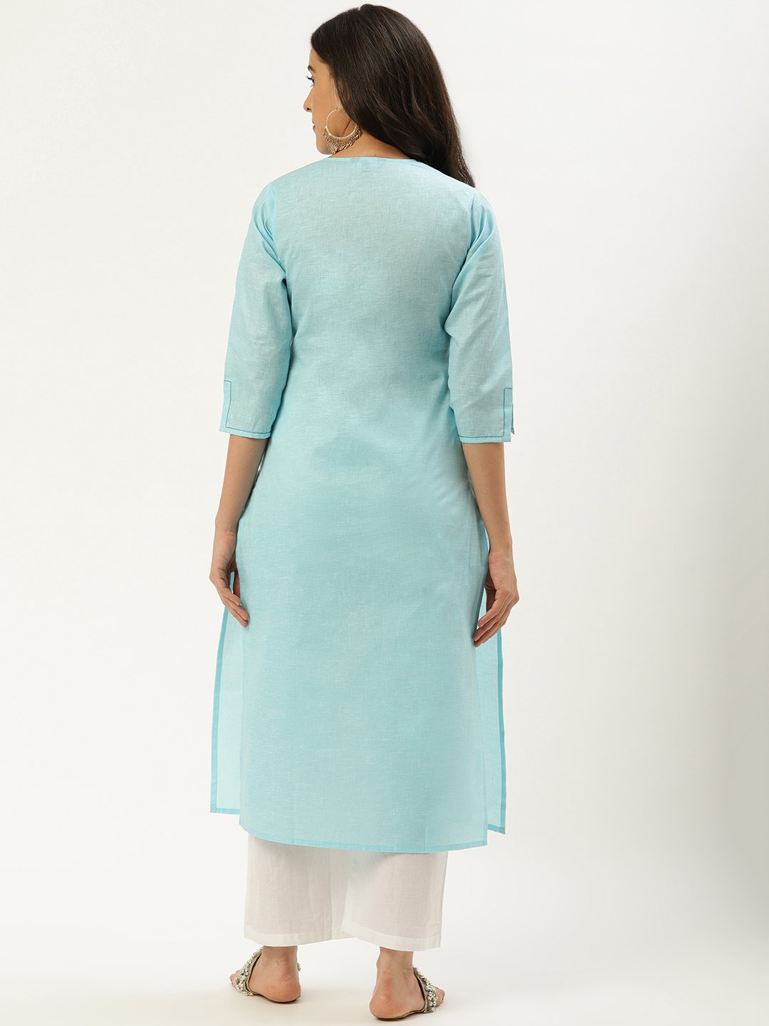 Women Light Blue Calf Length Three-Quarter Sleeves Straight Solid Cotton Kurta | LASVINI - Redefining Indian Fashion with Elegance
