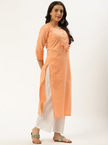 Women Orange Calf Length Three-Quarter Sleeves Straight Solid Cotton Kurta | LASVINI - Redefining Indian Fashion with Elegance