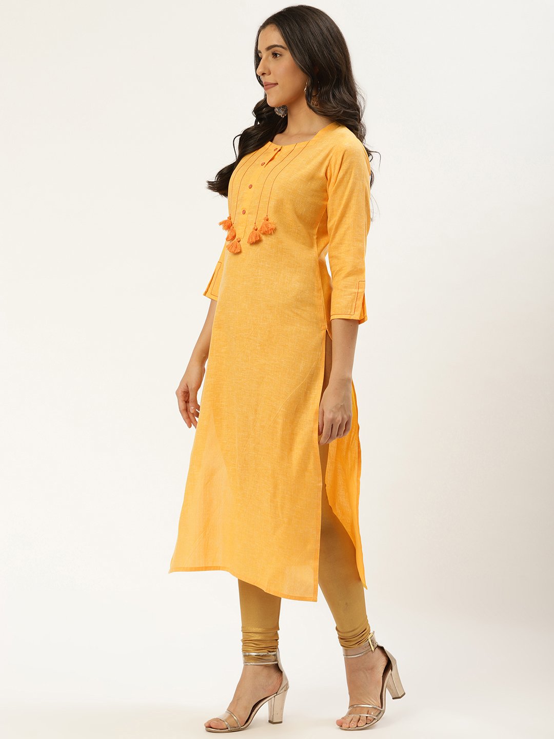 Women Yellow Calf Length Three-Quarter Sleeves Straight Solid Cotton Kurta | LASVINI - Redefining Indian Fashion with Elegance