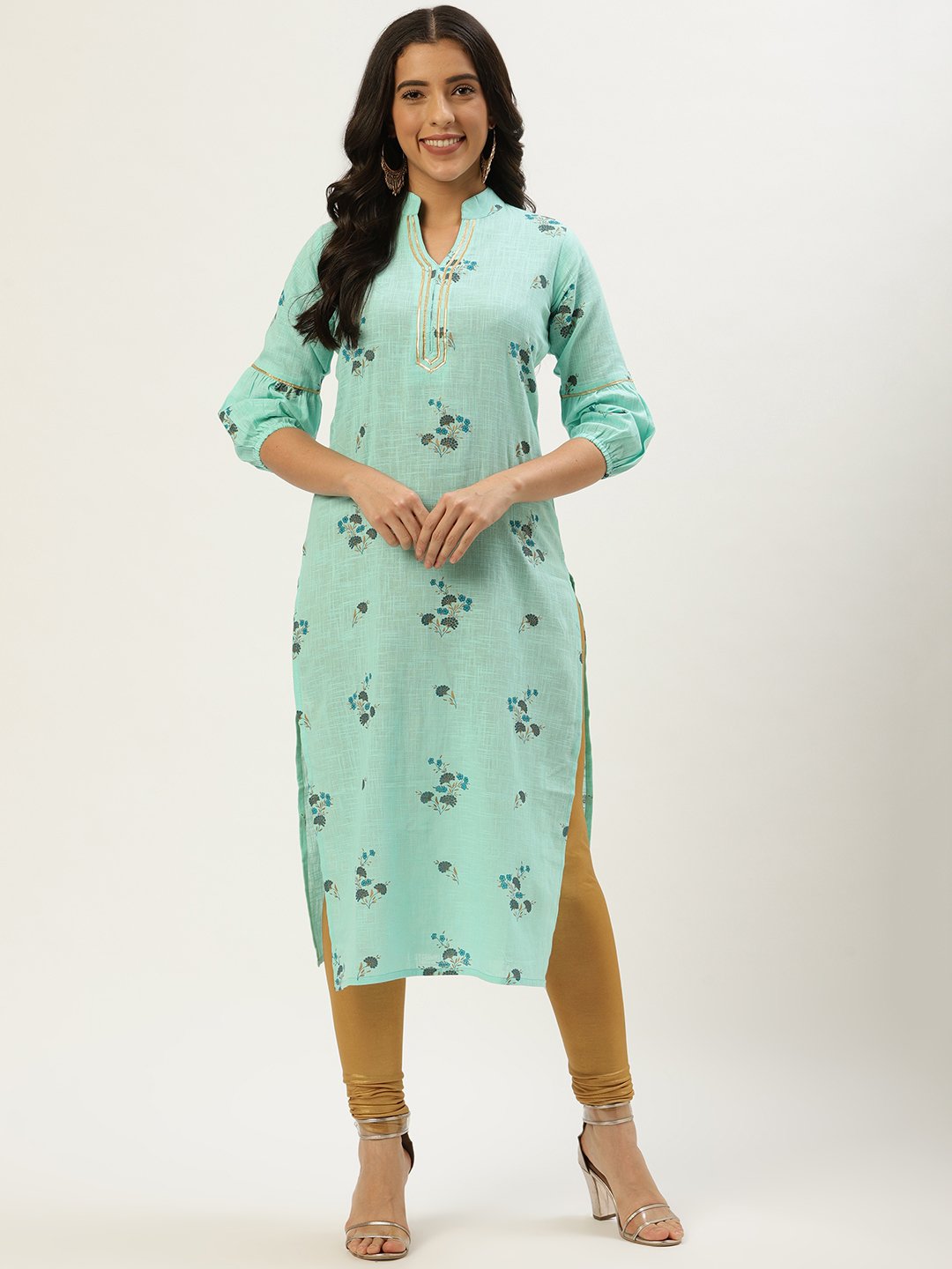 Women Pastel Green Calf Length Three-Quarter Sleeves Straight Floral Cotton Kurta | LASVINI - Redefining Indian Fashion with Elegance