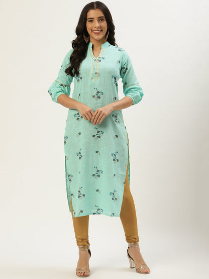 Women Pastel Green Calf Length Three-Quarter Sleeves Straight Floral Cotton Kurta | LASVINI - Redefining Indian Fashion with Elegance