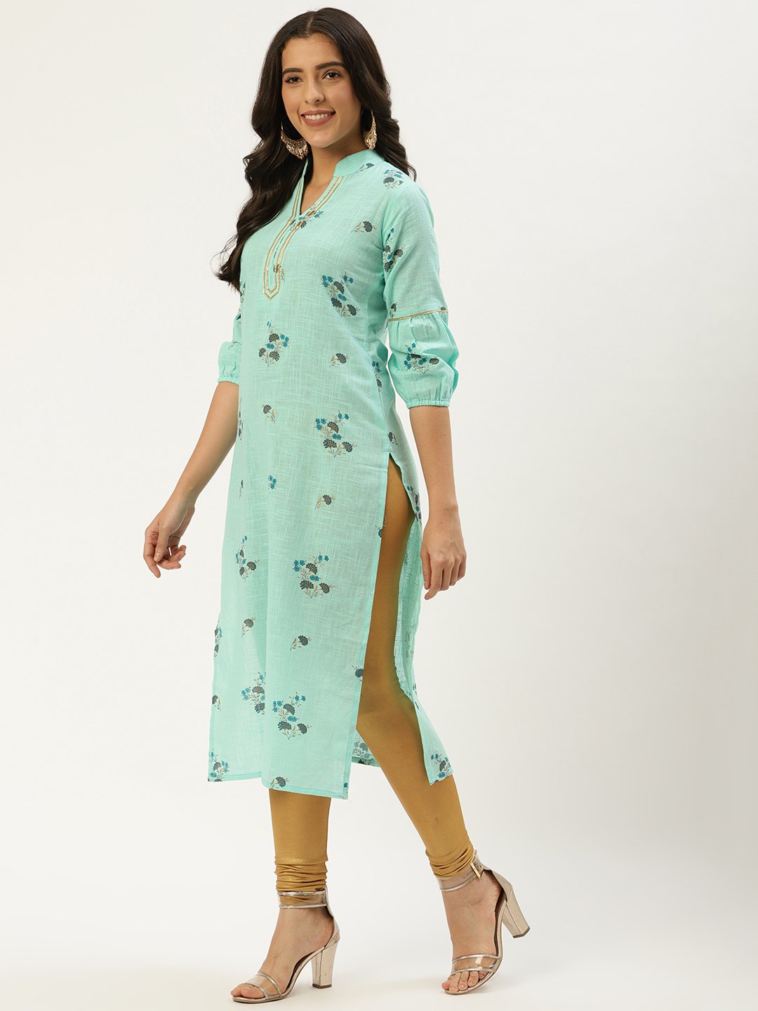 Women Pastel Green Calf Length Three-Quarter Sleeves Straight Floral Cotton Kurta | LASVINI - Redefining Indian Fashion with Elegance