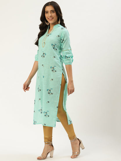 Women Pastel Green Calf Length Three-Quarter Sleeves Straight Floral Cotton Kurta | LASVINI - Redefining Indian Fashion with Elegance