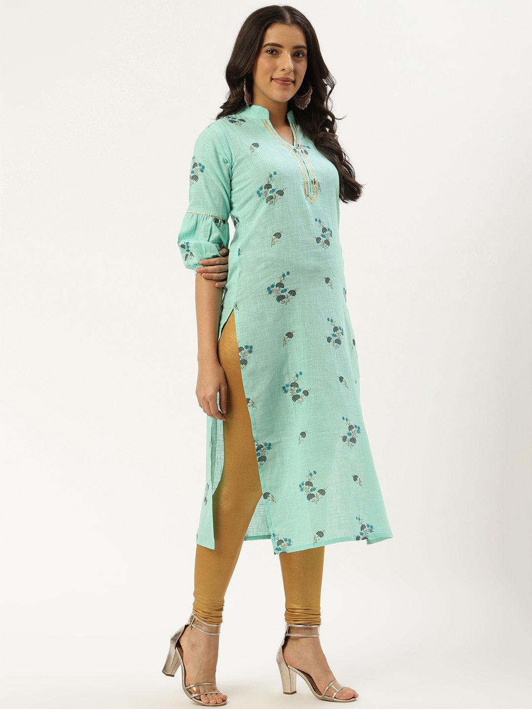 Women Pastel Green Calf Length Three-Quarter Sleeves Straight Floral Cotton Kurta | LASVINI - Redefining Indian Fashion with Elegance