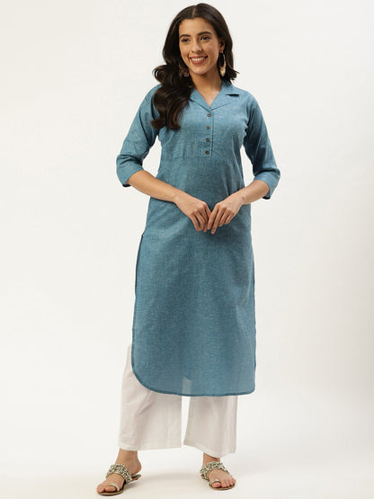 Women Teal Blue Calf Length Three-Quarter Sleeves Straight Lapel Neck Solid Cotton Kurta | LASVINI - Redefining Indian Fashion with Elegance