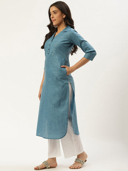 Women Teal Blue Calf Length Three-Quarter Sleeves Straight Lapel Neck Solid Cotton Kurta | LASVINI - Redefining Indian Fashion with Elegance