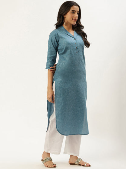 Women Teal Blue Calf Length Three-Quarter Sleeves Straight Lapel Neck Solid Cotton Kurta | LASVINI - Redefining Indian Fashion with Elegance