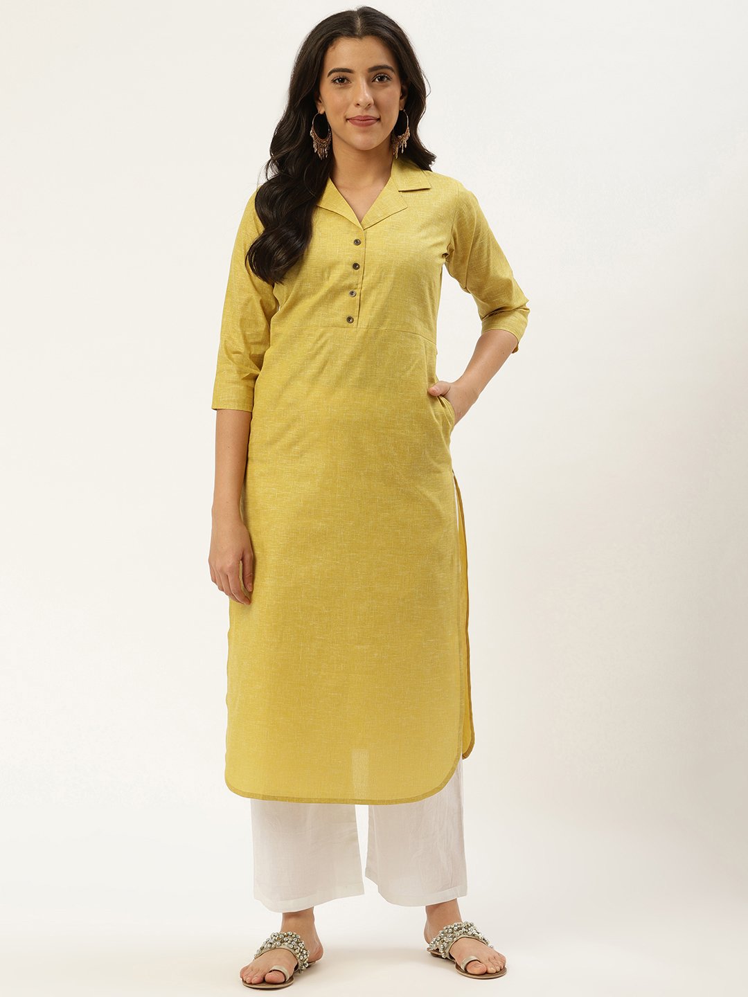 Women Green Calf Length Three-Quarter Sleeves Straight Lapel Neck Solid Cotton Kurta | LASVINI - Redefining Indian Fashion with Elegance