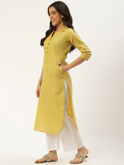 Women Green Calf Length Three-Quarter Sleeves Straight Lapel Neck Solid Cotton Kurta | LASVINI - Redefining Indian Fashion with Elegance