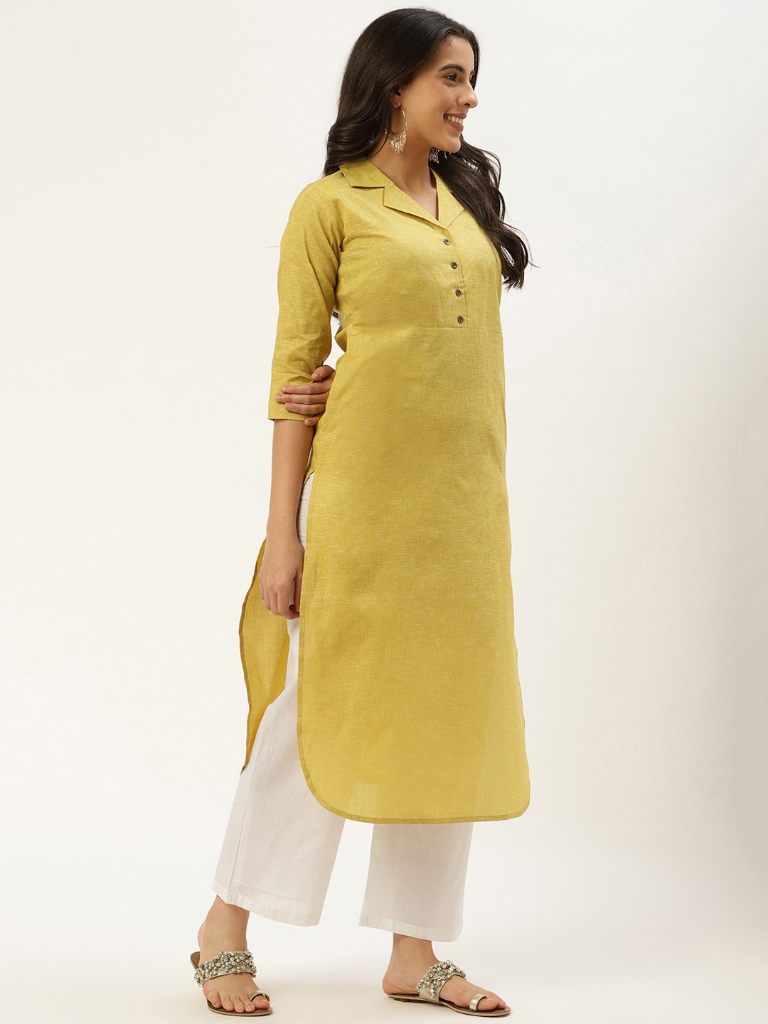 Women Green Calf Length Three-Quarter Sleeves Straight Lapel Neck Solid Cotton Kurta | LASVINI - Redefining Indian Fashion with Elegance