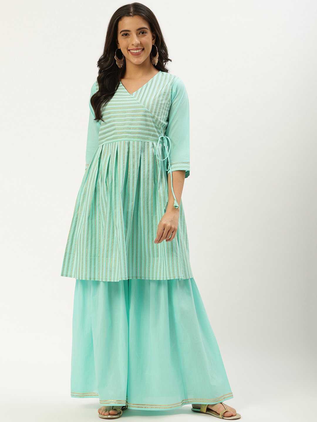 Women Pastel Blue Three-Quarter Sleeves Flared Peplum Kurta And Sharara Set | LASVINI - Redefining Indian Fashion with Elegance