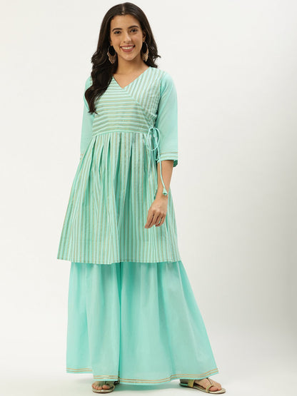 Women Pastel Blue Three-Quarter Sleeves Flared Peplum Kurta And Sharara Set | LASVINI - Redefining Indian Fashion with Elegance