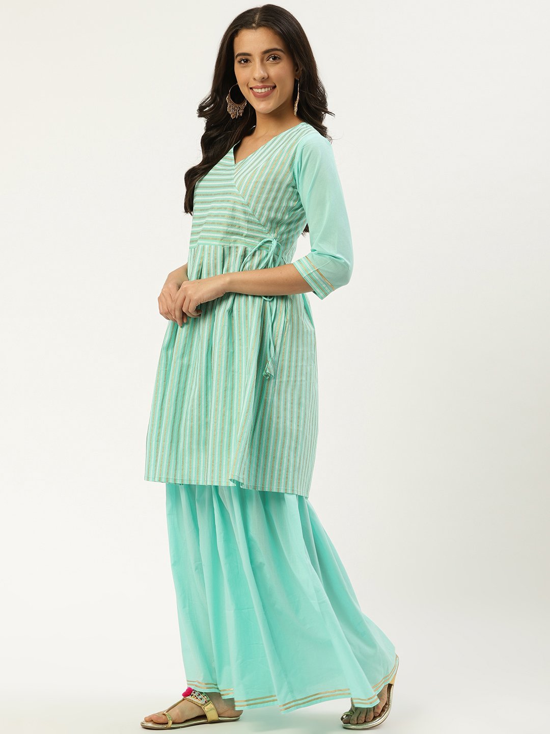 Women Pastel Blue Three-Quarter Sleeves Flared Peplum Kurta And Sharara Set | LASVINI - Redefining Indian Fashion with Elegance