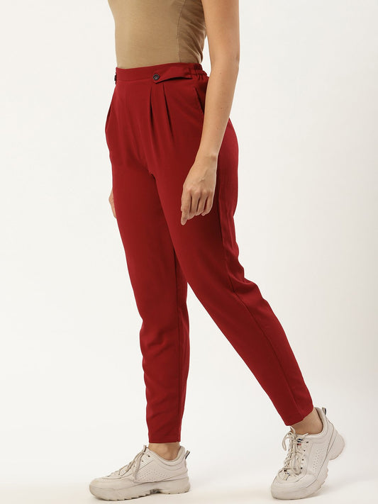 Women Maroon Regular Texture Crepe Straigth Trouser Pant | LASVINI - Redefining Indian Fashion with Elegance