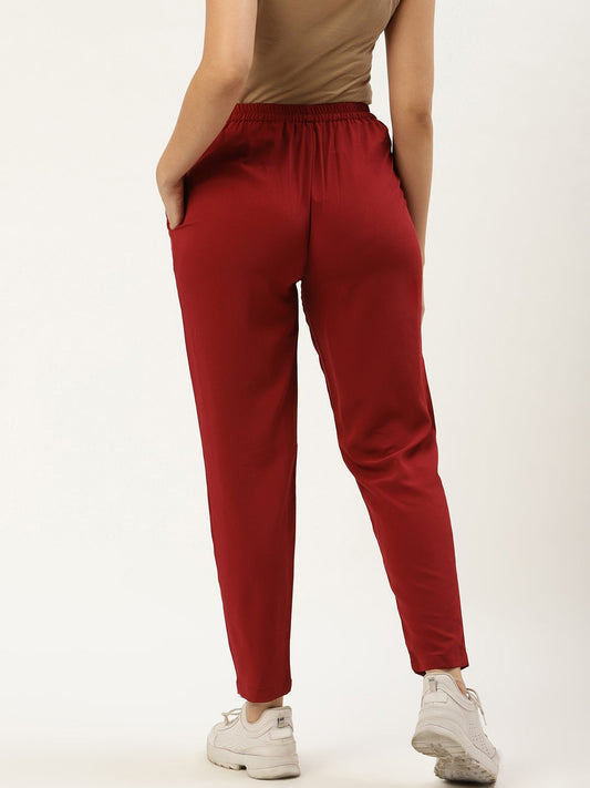 Women Maroon Regular Texture Crepe Straigth Trouser Pant | LASVINI - Redefining Indian Fashion with Elegance