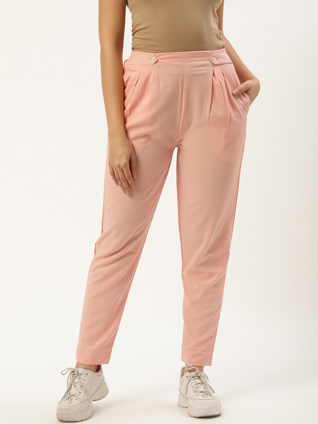 Women Pastel Pink Regular Texture Crepe Straigth Trouser Pant | LASVINI - Redefining Indian Fashion with Elegance
