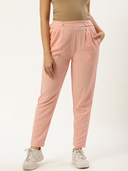 Women Pastel Pink Regular Texture Crepe Straigth Trouser Pant | LASVINI - Redefining Indian Fashion with Elegance