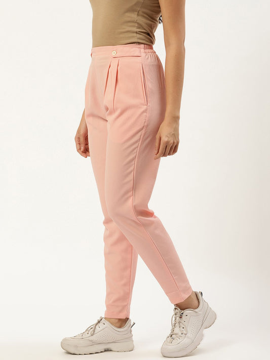 Women Pastel Pink Regular Texture Crepe Straigth Trouser Pant | LASVINI - Redefining Indian Fashion with Elegance