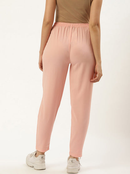 Women Pastel Pink Regular Texture Crepe Straigth Trouser Pant | LASVINI - Redefining Indian Fashion with Elegance