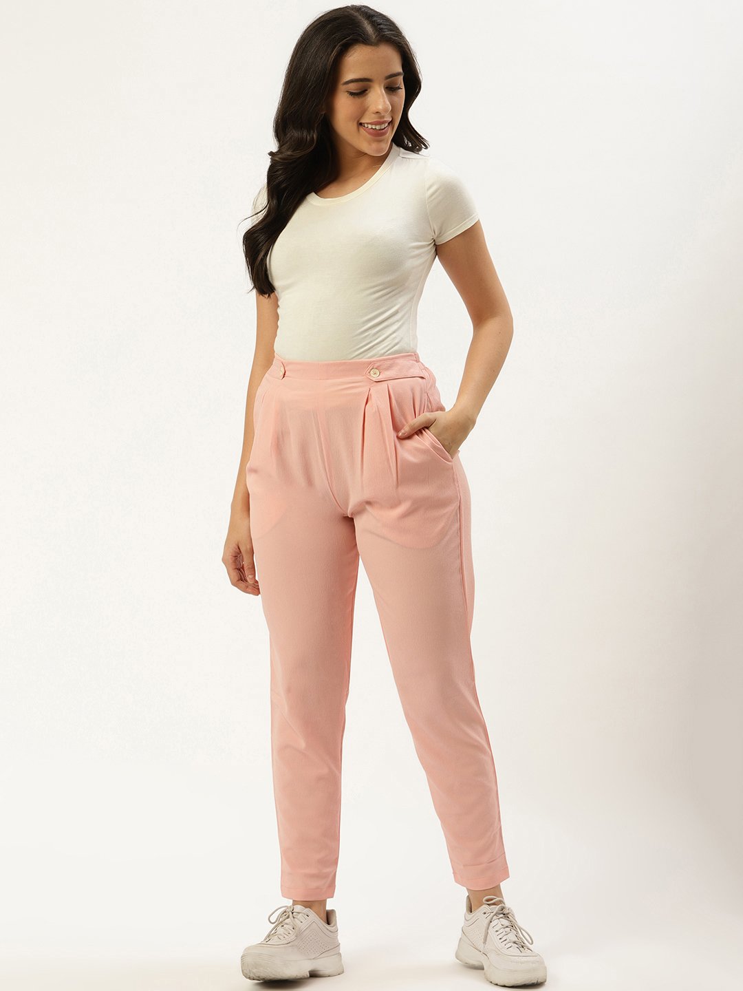 Women Pastel Pink Regular Texture Crepe Straigth Trouser Pant | LASVINI - Redefining Indian Fashion with Elegance