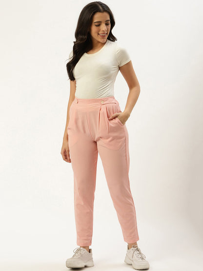 Women Pastel Pink Regular Texture Crepe Straigth Trouser Pant | LASVINI - Redefining Indian Fashion with Elegance