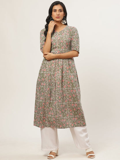 Women Multi Calf Length Three-Quarter Sleeves A-Line Floral Printed Cotton Kurta | LASVINI - Redefining Indian Fashion with Elegance