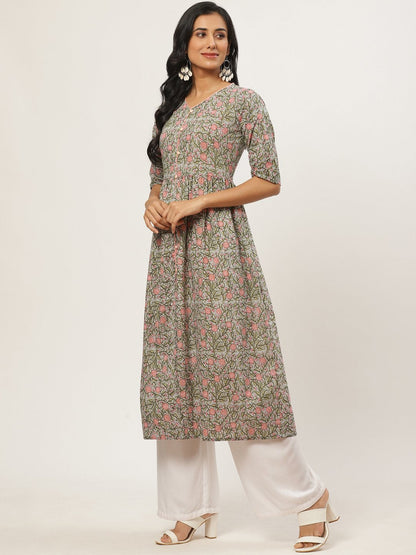 Women Multi Calf Length Three-Quarter Sleeves A-Line Floral Printed Cotton Kurta | LASVINI - Redefining Indian Fashion with Elegance