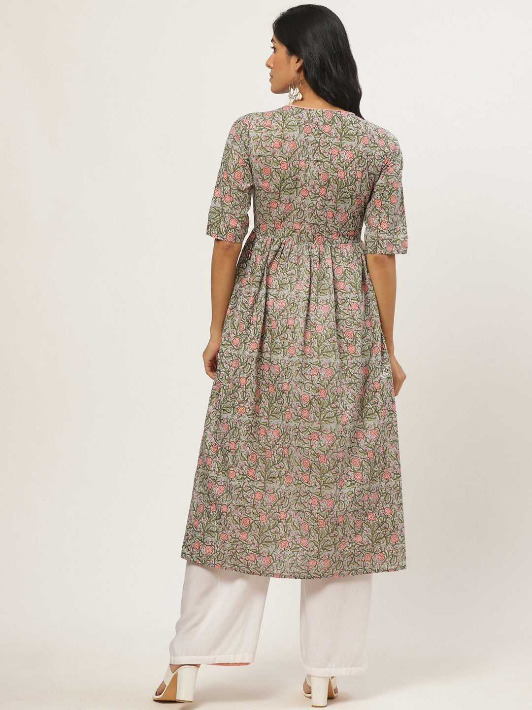 Women Multi Calf Length Three-Quarter Sleeves A-Line Floral Printed Cotton Kurta | LASVINI - Redefining Indian Fashion with Elegance