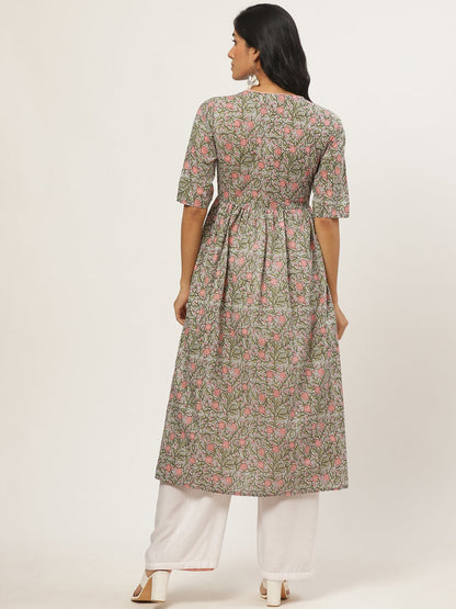 Women Multi Calf Length Three-Quarter Sleeves A-Line Floral Printed Cotton Kurta | LASVINI - Redefining Indian Fashion with Elegance