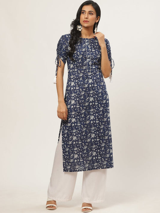 Women Navy Blue Calf Length Three-Quarter Sleeves Straight Floral Printed Cotton Kurta | LASVINI - Redefining Indian Fashion with Elegance