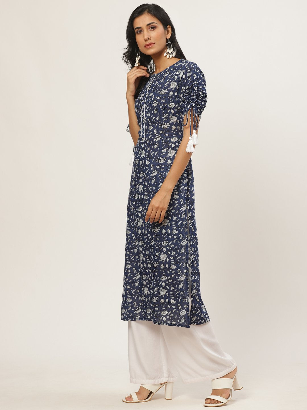 Women Navy Blue Calf Length Three-Quarter Sleeves Straight Floral Printed Cotton Kurta | LASVINI - Redefining Indian Fashion with Elegance