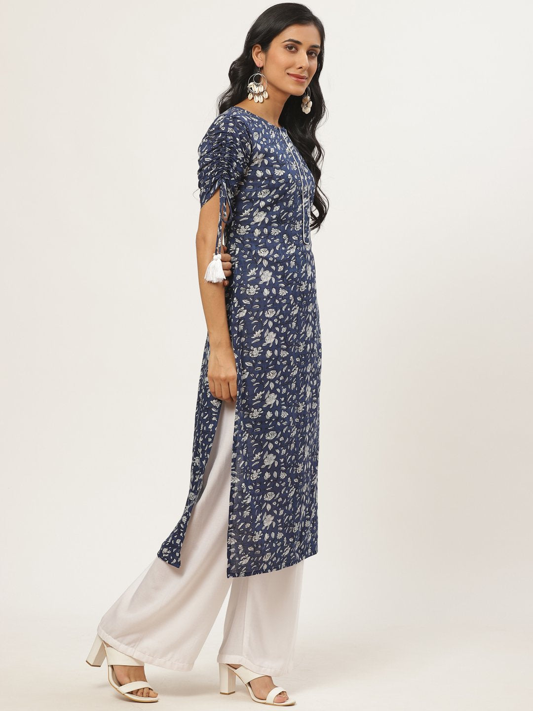 Women Navy Blue Calf Length Three-Quarter Sleeves Straight Floral Printed Cotton Kurta | LASVINI - Redefining Indian Fashion with Elegance