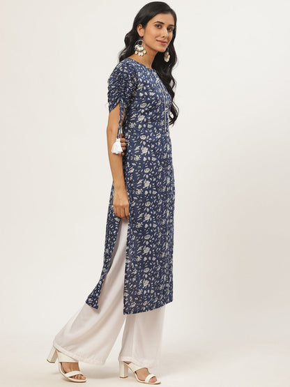 Women Navy Blue Calf Length Three-Quarter Sleeves Straight Floral Printed Cotton Kurta | LASVINI - Redefining Indian Fashion with Elegance