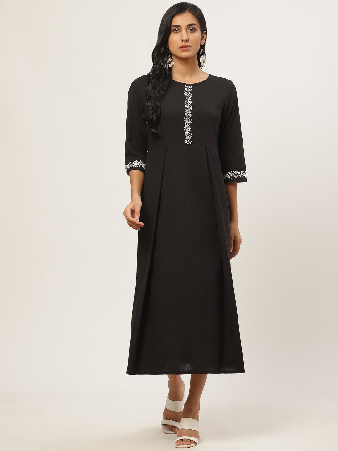 Women Black Solid Solid Round Neck Cotton Fit And Flare Dress | LASVINI - Redefining Indian Fashion with Elegance